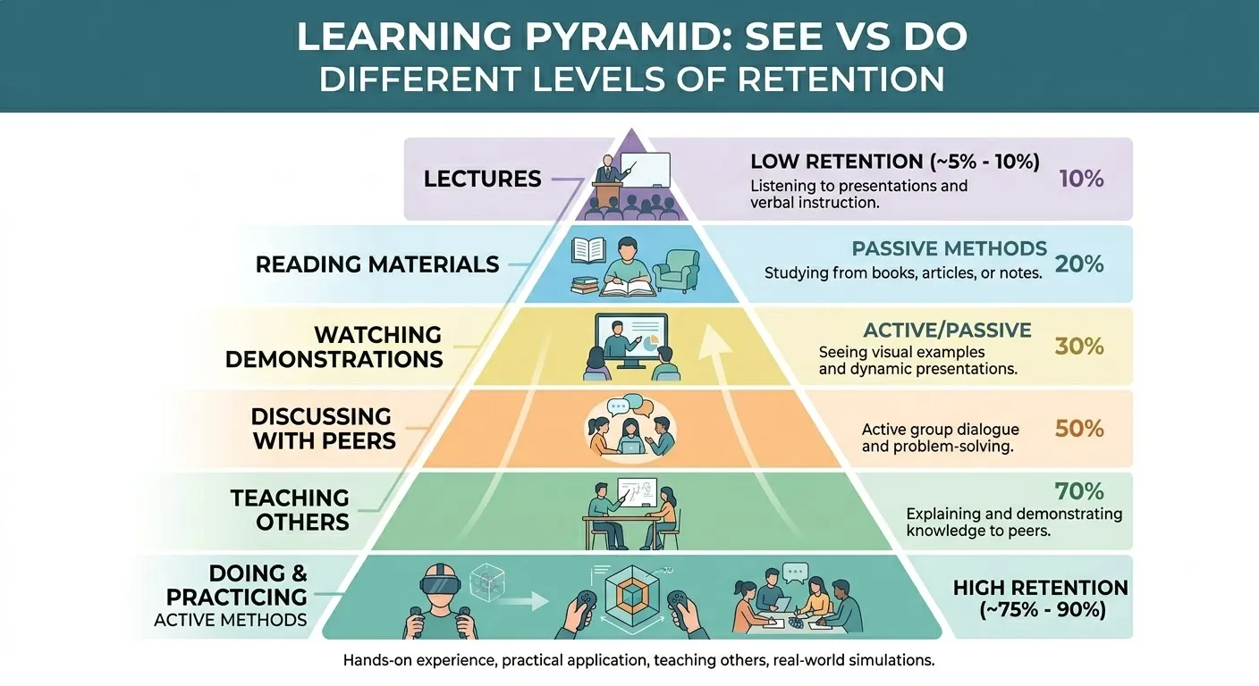 Learning pyramid: seeing vs doing — active practice dramatically improves retention compared to passive observation