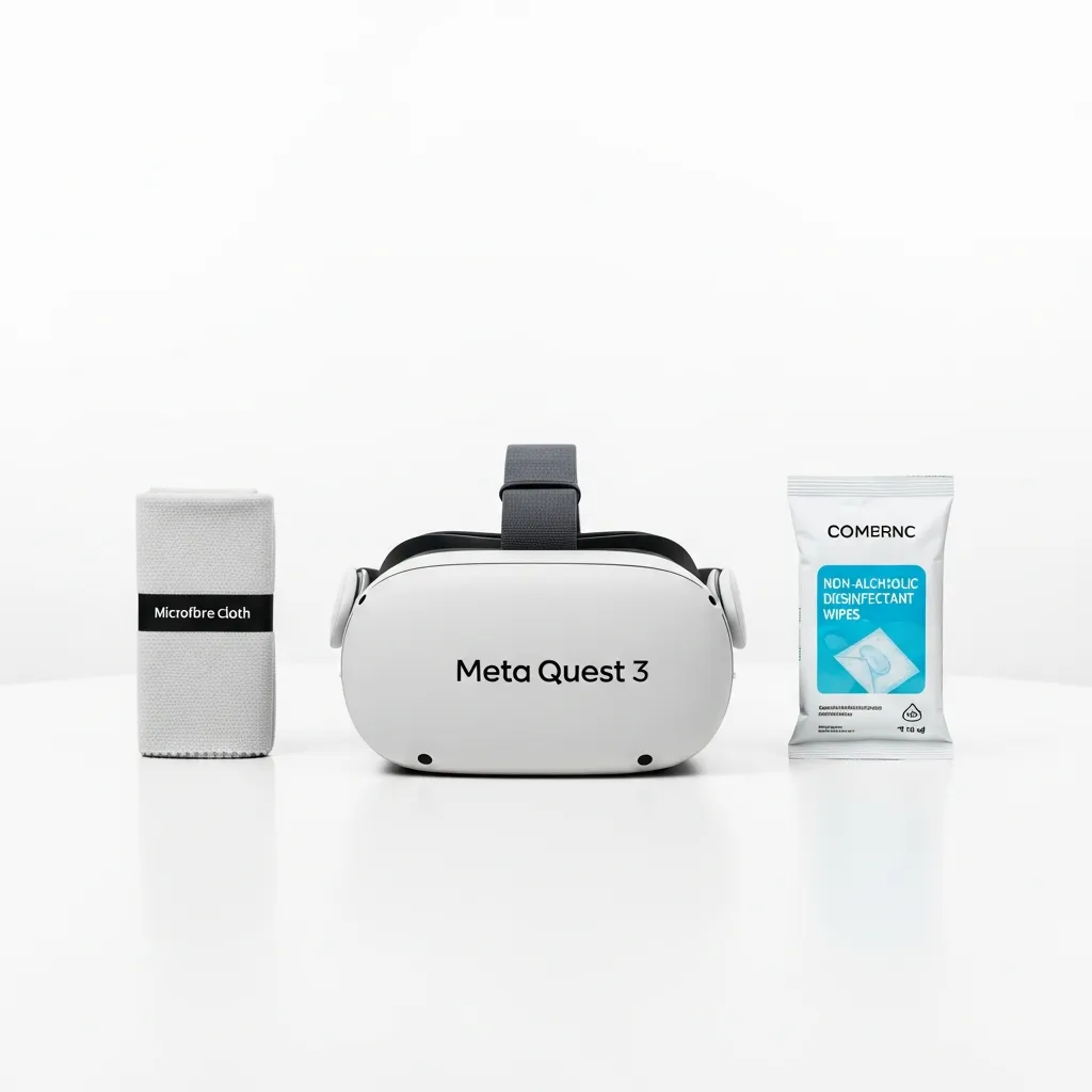 VR headset cleaning supplies: non-alcoholic disinfectant wipes, microfibre cloth, and disposable hygiene covers