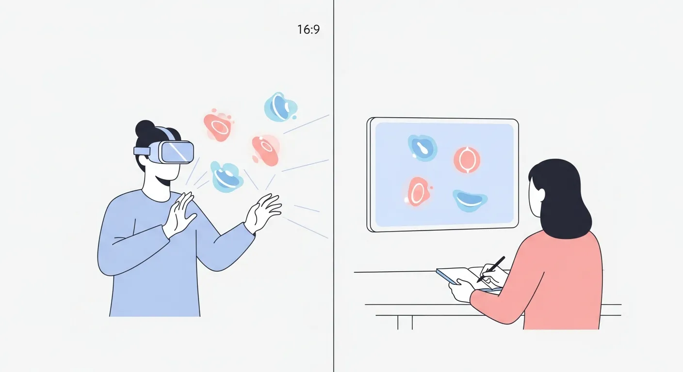 Student in the active observer role watching a VR session on a screen and taking structured notes