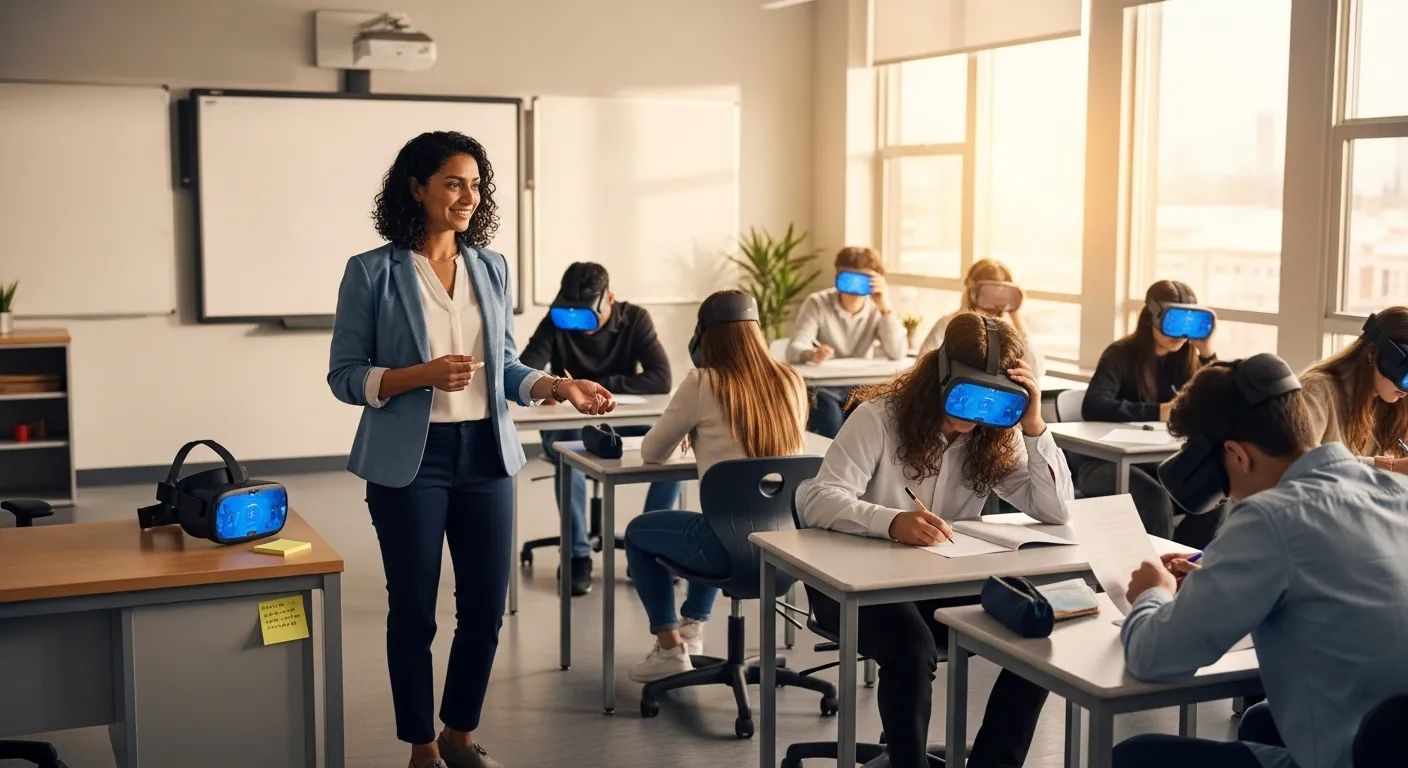Instructor staying calm while troubleshooting a VR headset issue during class — demonstrating the composed troubleshooting mindset