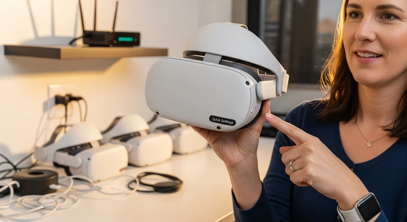 WiFi diagnostic screen on VR headset showing network status, signal strength, and connection details