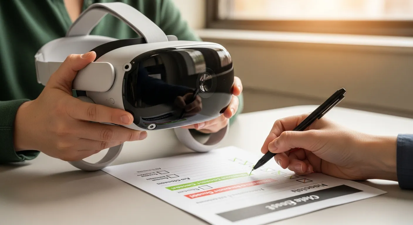 Instructor evaluating a VR app against pedagogical, technical, and classroom checklists before using it in class