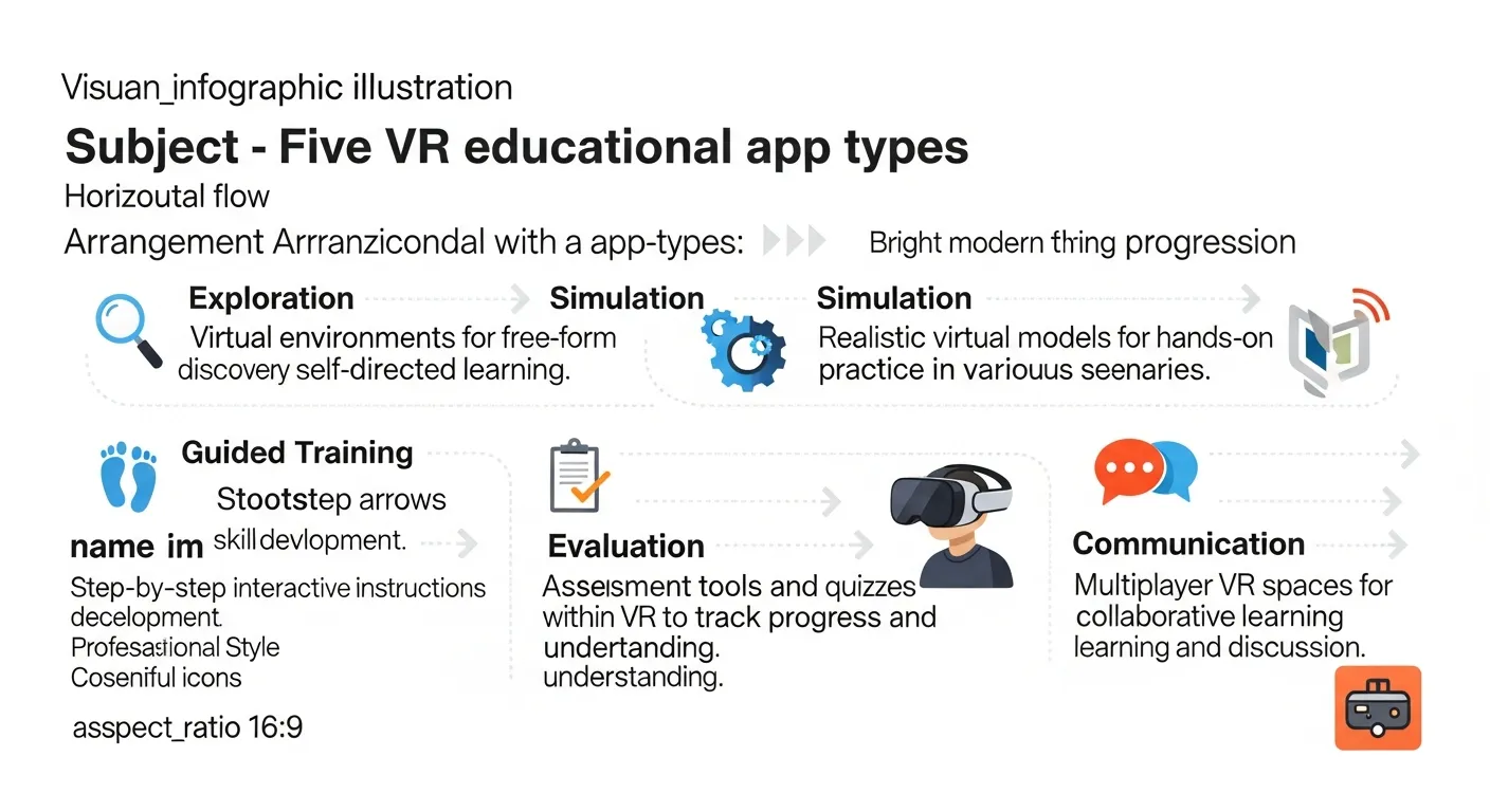 Overview of VR educational app types: exploration, simulation, guided training, evaluation, and communication