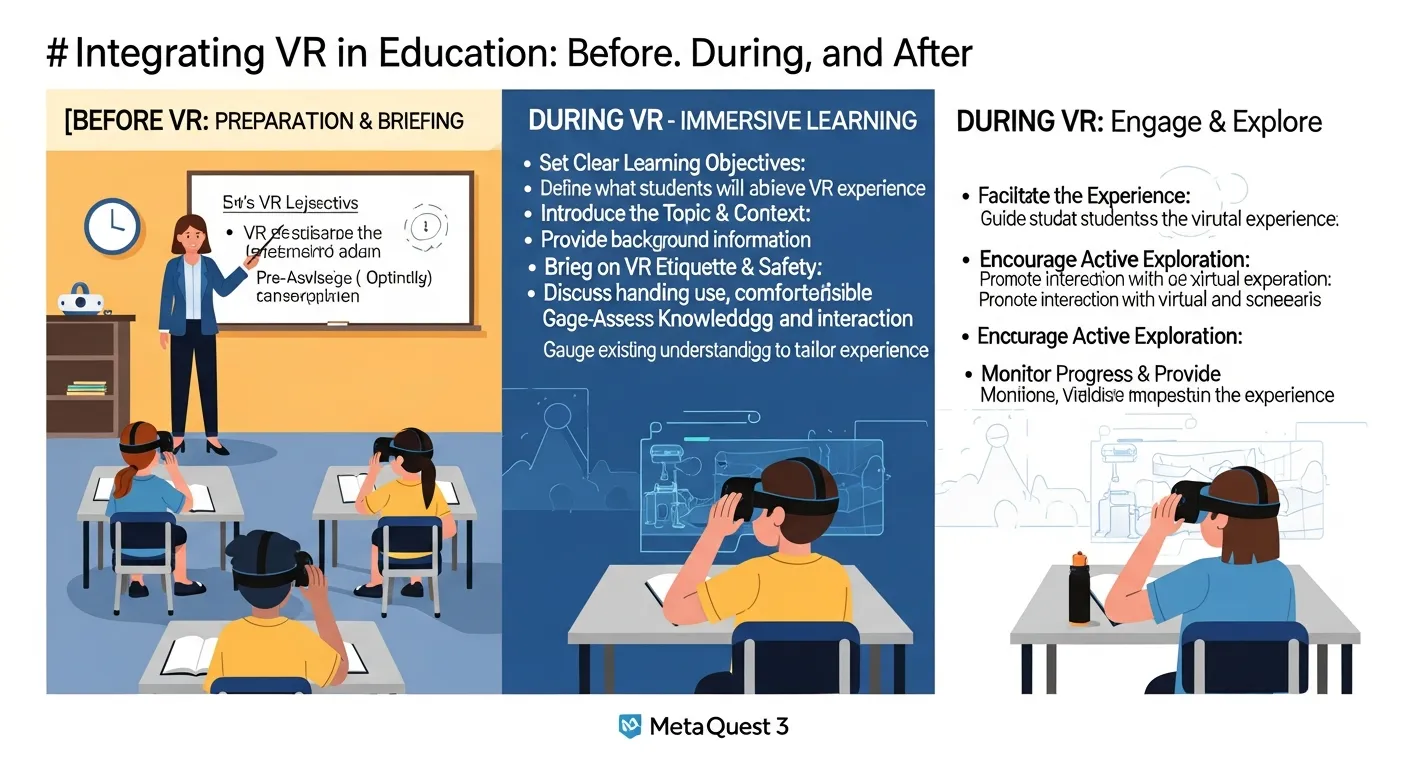 Before-during-after framework for integrating a VR app into a lesson — preparation, experience, and debriefing phases