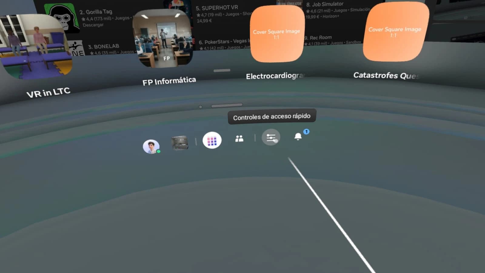 Meta Quest Navigator showing the Quick Access Controls bar