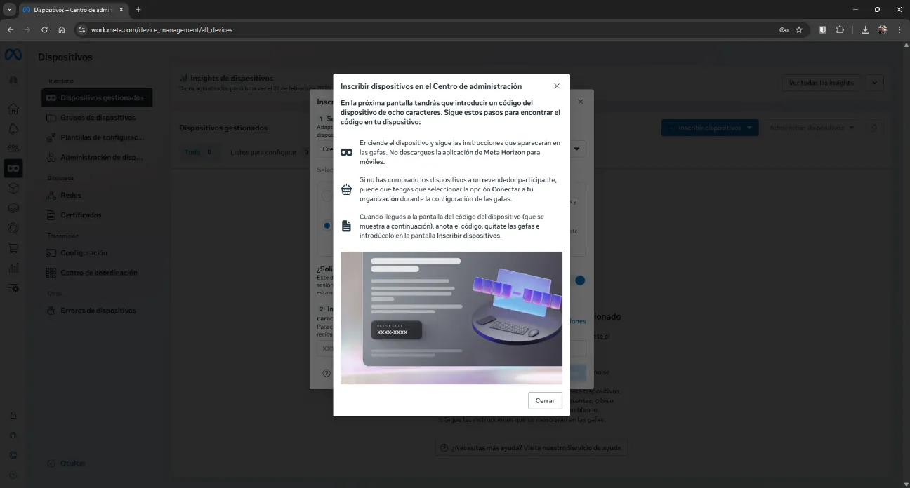 Device activation instructions panel in Meta Horizon Managed Services — Wi-Fi method steps