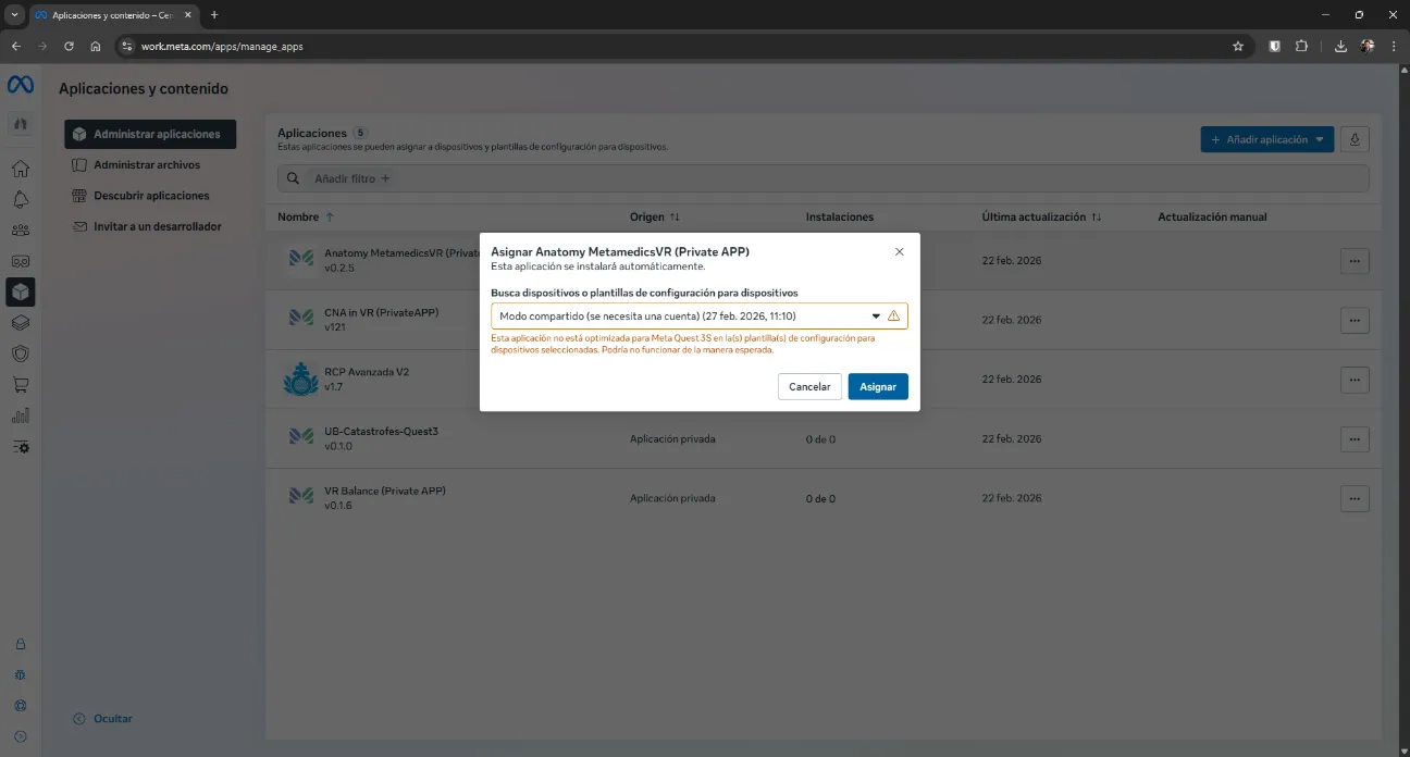 Import app dialog in Meta Horizon Managed Services — adding a private app to the organisation