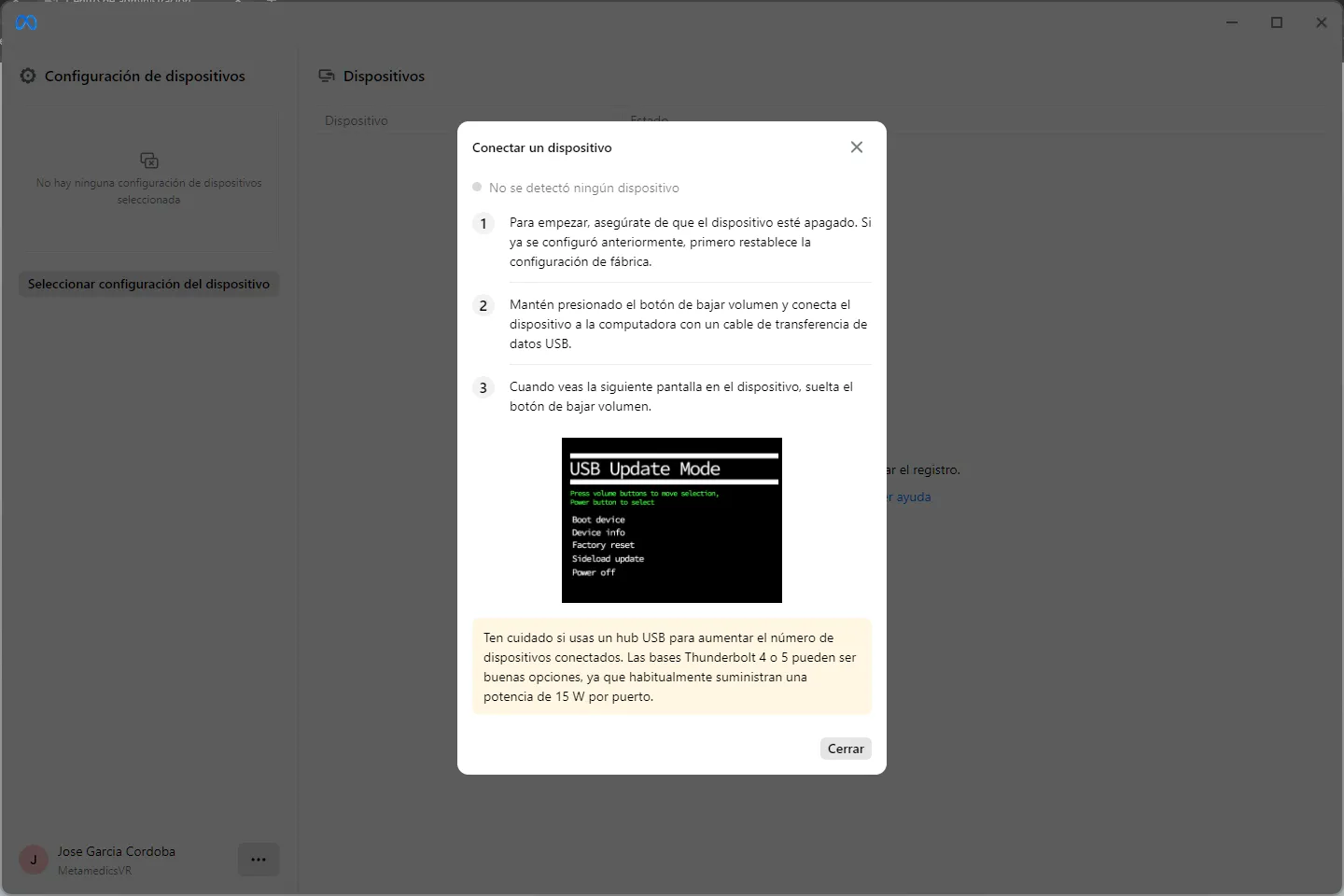 Connect a device dialog — instructions for USB cable setup with headset powered off