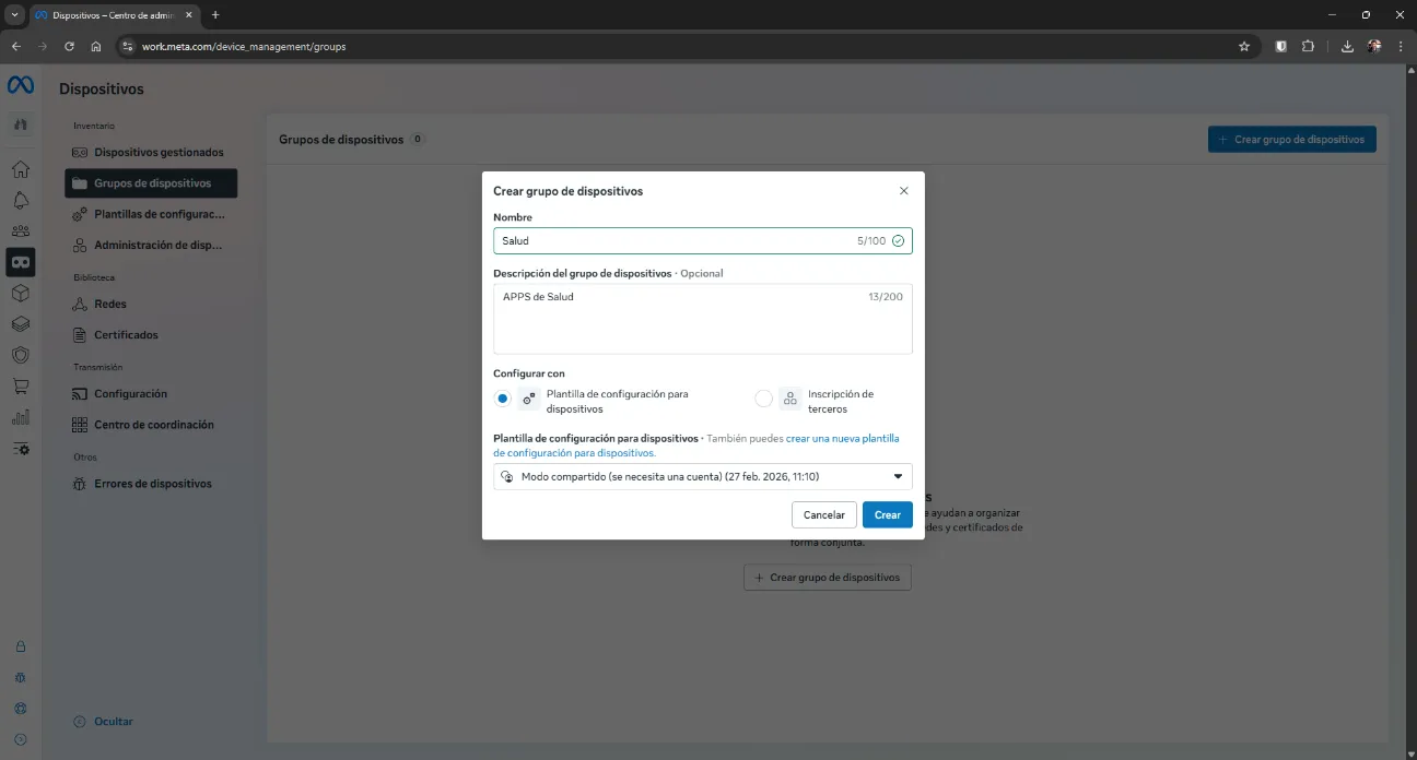 Create device group dialog in Meta Horizon Managed Services