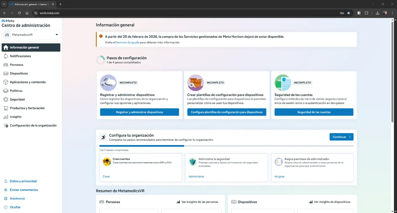 Meta Horizon Managed Services admin dashboard — overview with configuration plans and device management
