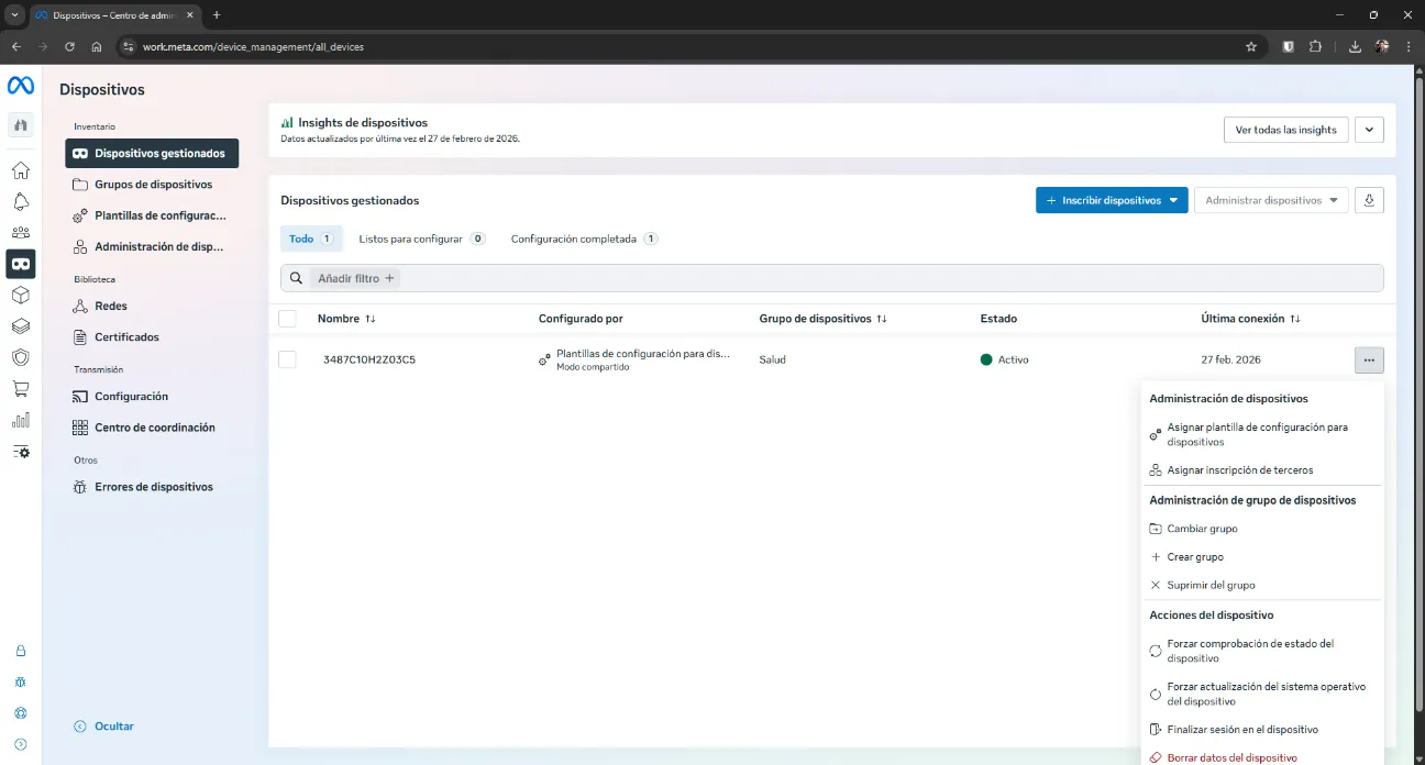 Device successfully linked to the organisation in Meta Horizon Managed Services — group and template assignment options