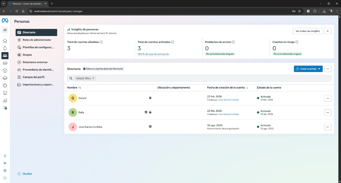 People management panel in Meta Horizon Managed Services — users, roles and permissions