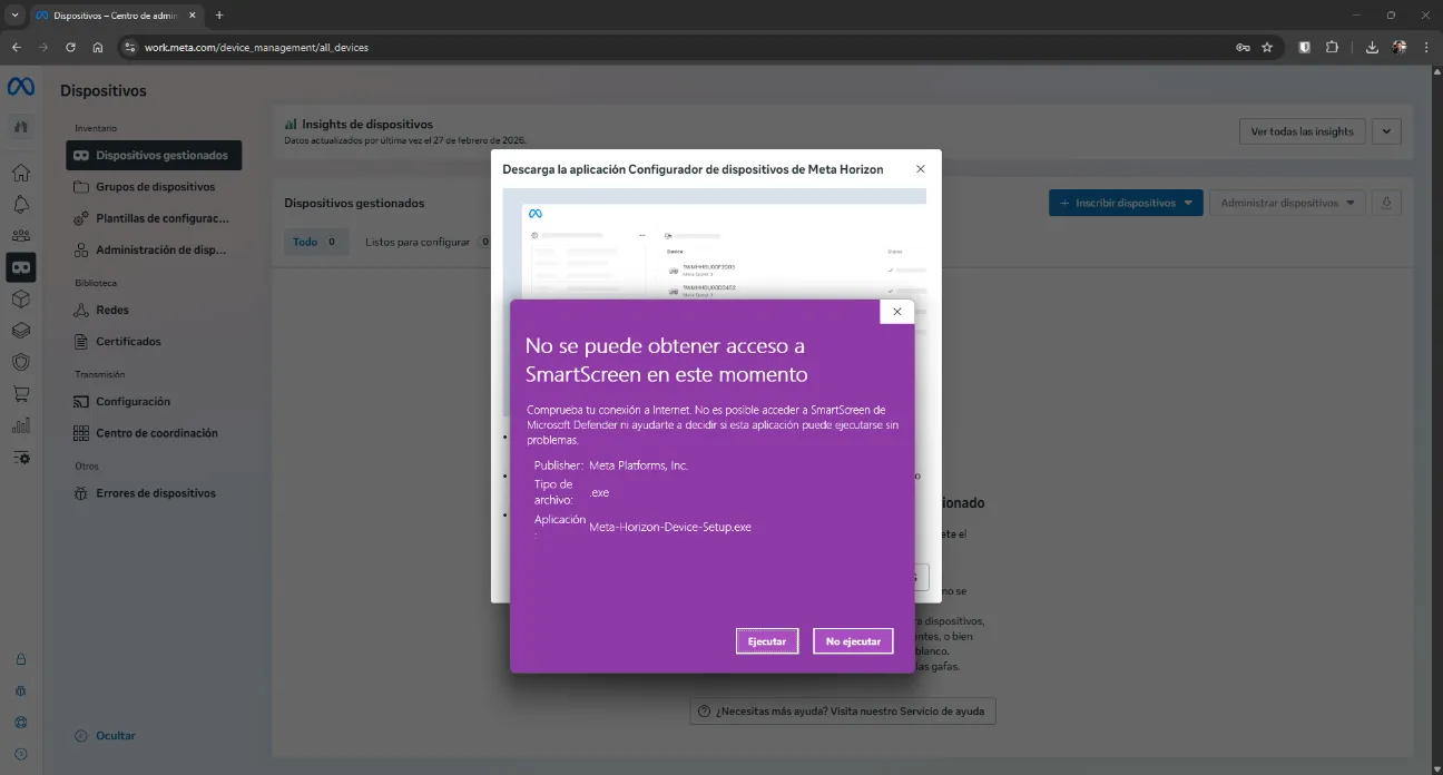 Download dialog for the Meta Horizon device configuration tool for PC/Mac